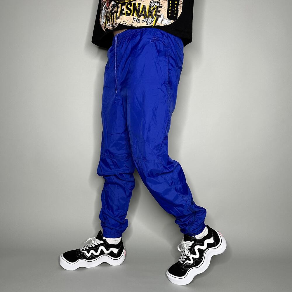 Vintage 80s Nike Track Pants Mens M Royal Blue Nylon Joggers Ankle Zippers Flare